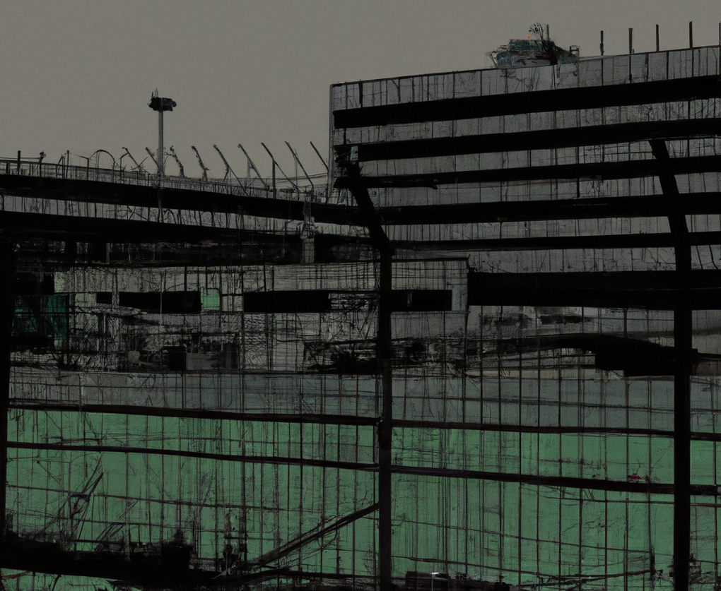 DALL-E: Deportation jail sourrounded by high fences with an airport nearby. Digital art drawing in a dark and depressive mood in black and green color, with a haze of uncertainty